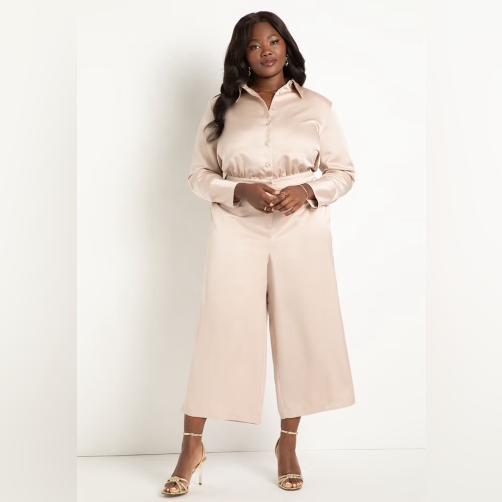 Eloquii Strong Shoulder Jumpsuit Satin Long Sleeve Shoulder Pads Pockets Size 20